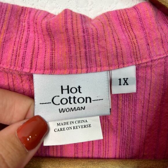 Hot Cotton Women’s Pink Micro Stripe Linen Blend Lagenlook Button Up Top Size 1X - Picture 6 of 12